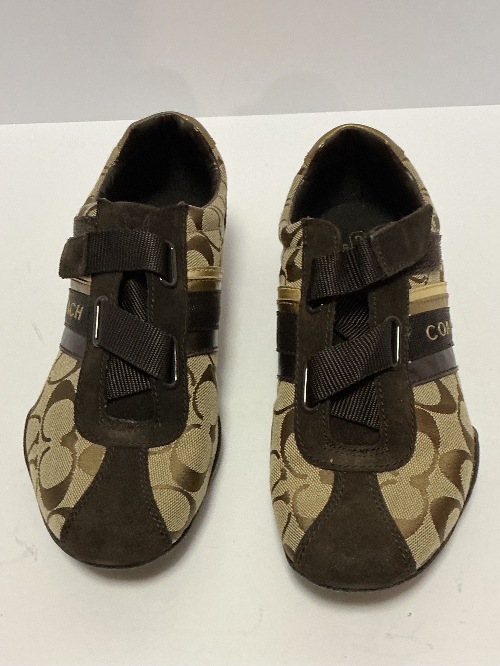 Coach Brown and Tan Monogram Velcro Sneakers - Picture 7 of 9